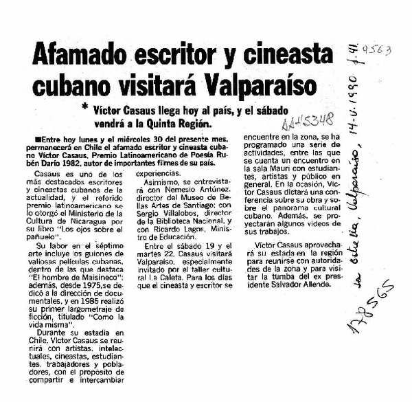 Afamado escritor y cineasta cubano visitará Valparaíso  [artículo].