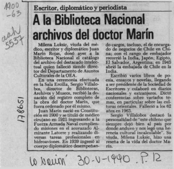 A la Biblioteca Nacional archivos del doctor Marín  [artículo].