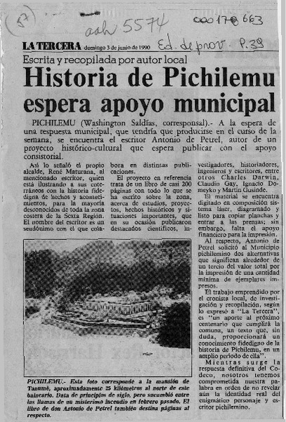 Historia de Pichilemu espera apoyo municipal  [artículo] Washington Saldías.