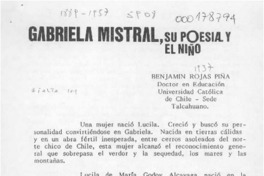 Gabriela Mistral, su poesía y el niño  [artículo] Benjamín Rojas Piña.