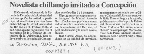 Novelista chillanejo invitado a Concepción  [artículo].