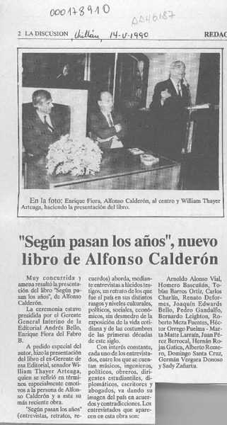 "Según pasan los años", nuevo libro de Alfonso Calderón  [artículo].