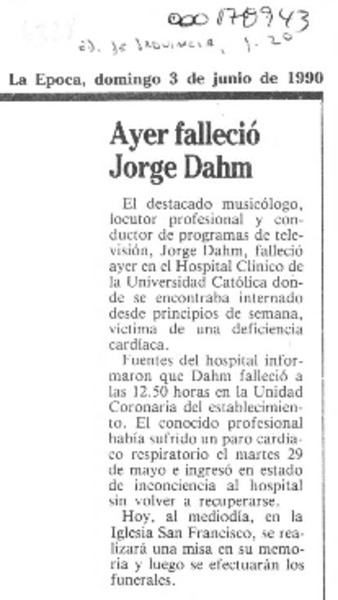 Ayer falleció Jorge Dahm  [artículo].