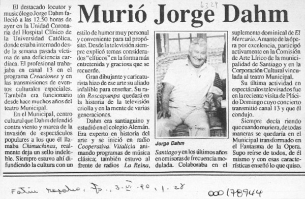 Murió Jorge Dahm  [artículo].