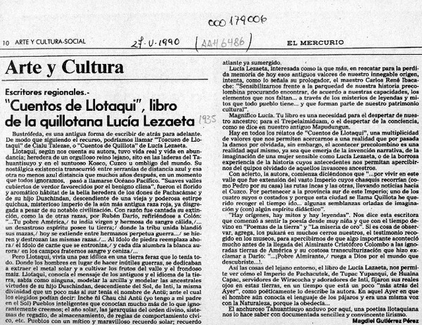 "Cuentos de Llotaqui", libro de la quillotana Lucía Lezaeta  [artículo] Magdiel Gutiérrez Pérez.