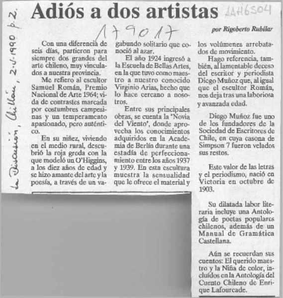 Adiós a dos artistas  [artículo] Rigoberto Rubilar.
