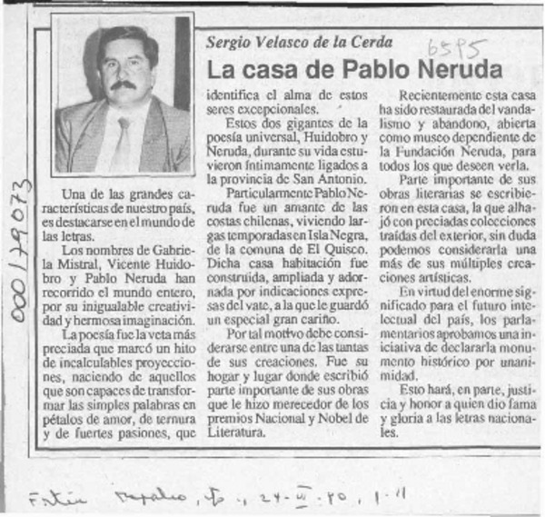 La casa de Pablo Neruda  [artículo] Sergio Velasco de la Cerda.