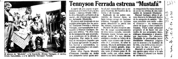 Tennyson Ferrada estrena "Mustafá"  [artículo].