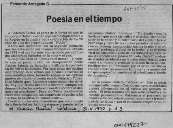 Poesía en el tiempo  [artículo] Fernando Arriagada C.