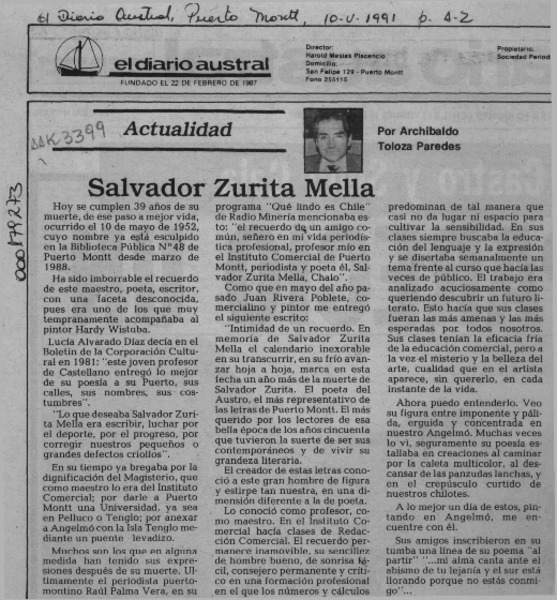 Salvador Zurita Mella  [artículo] Archibaldo Toloza Paredes.