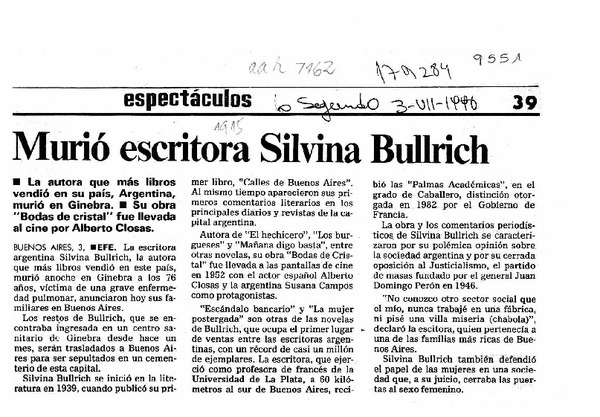 Murió escritora Silvina Bullrich  [artículo].