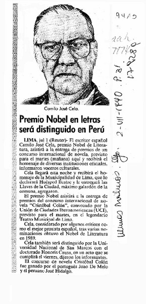 Premio Nobel en letras será distinguido en el Perú  [artículo].