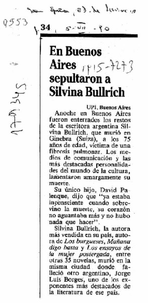 En Buenos Aires sepultaron a Silvina Bullrich  [artículo].