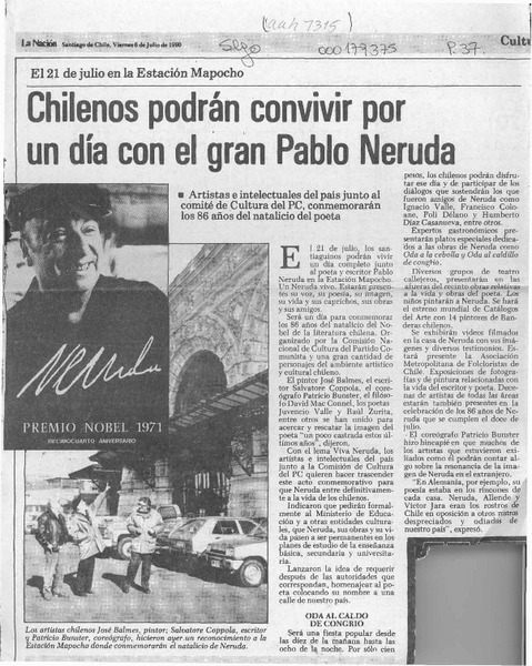 Chilenos podrán convivir por un día con el gran Pablo Neruda  [artículo].