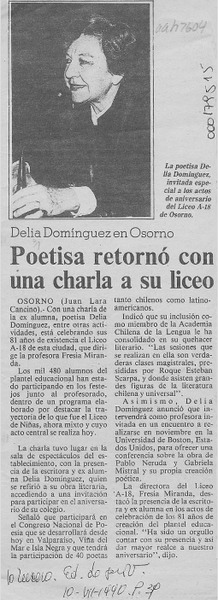 Poetisa retornó con una charla a su liceo  [artículo] Juan Lara Cancino.