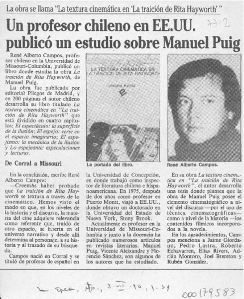 Un Profesor chileno en EE.UU. publicó un estudio sobre Manuel Puig  [artículo].