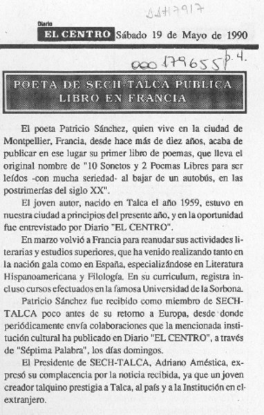 Poeta de Sech Talca publica libro en Francia  [artículo].