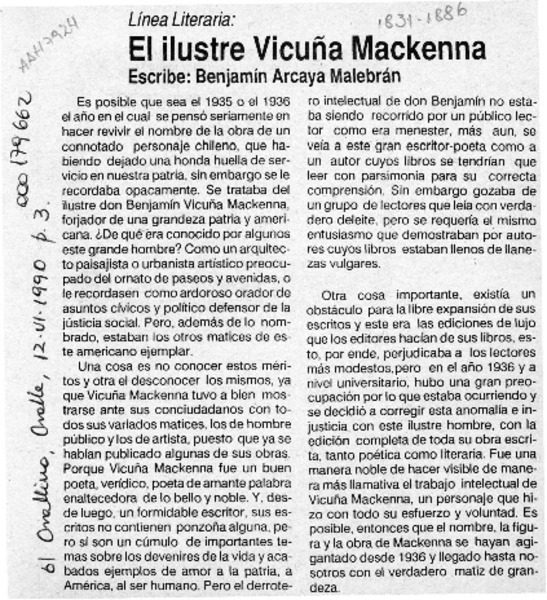 El ilustre Vicuña Mackenna  [artículo] Benjamín Arcaya Malebrán.