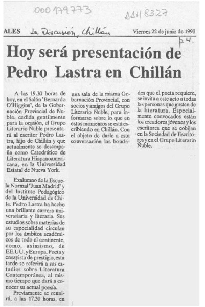Hoy será presentación de Pedro Lastra en Chillán  [artículo].