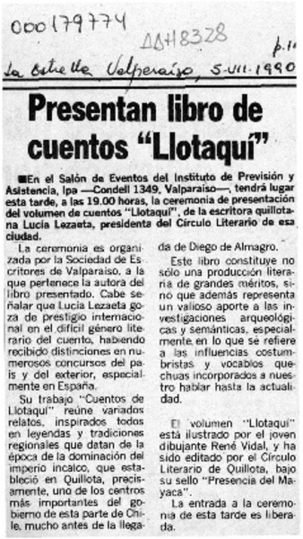 Presentan libro de cuentos "Llotaquí"  [artículo].
