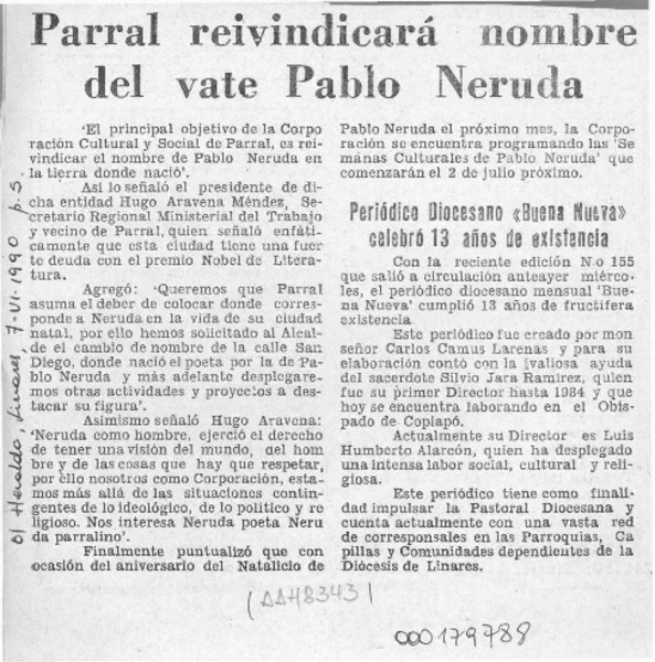 Parral reivindicará nombre del vate Pablo Neruda  [artículo].