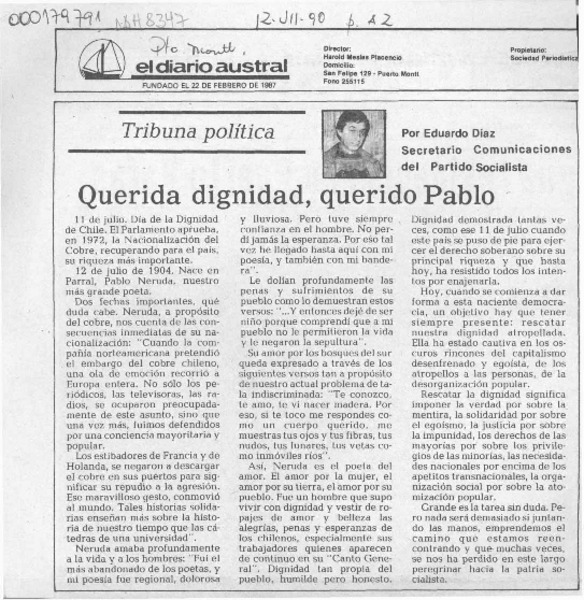 Querida dignidad, querido Pablo  [artículo] Eduardo Díaz.