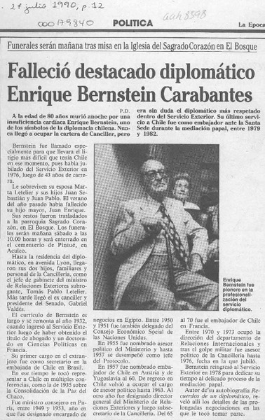 Falleció destacado diplomático Enrique Bernstein Carabantes  [artículo] P. D.