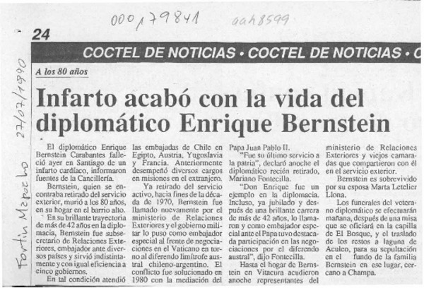 Infarto acabó con la vida del diplomático Enrique Bernstein  [artículo].
