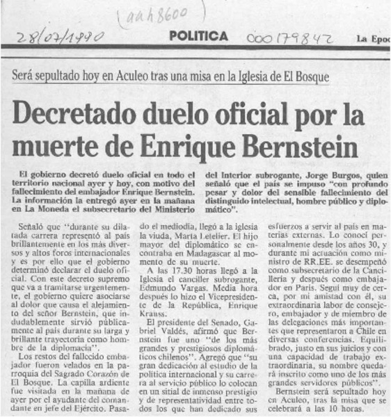 Decretado duelo oficial por la muerte de Enrique Bernstein  [artículo].