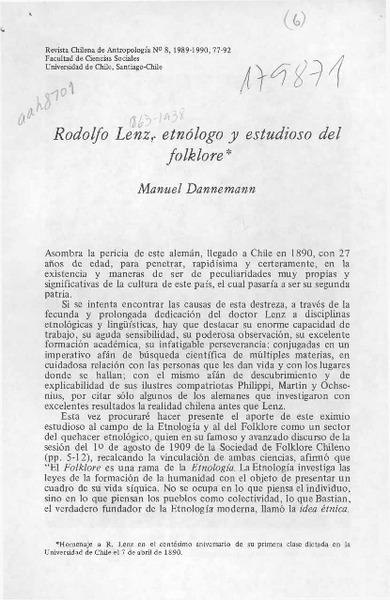 Rodolfo Lenz, etnólogo y estudioso del folklore  [artículo] Manuel Dannemann.