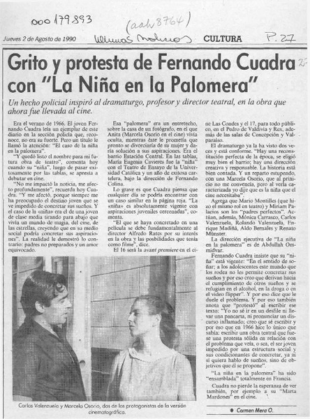 Grito y protesta de Fernando Cuadra con "La niña en la palomera"  [artículo] Carmen Mera O.