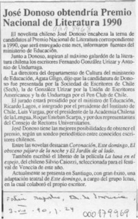 José Donoso obtendría Premio Nacional de Literatura 1990  [artículo].