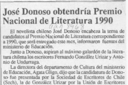 José Donoso obtendría Premio Nacional de Literatura 1990  [artículo].