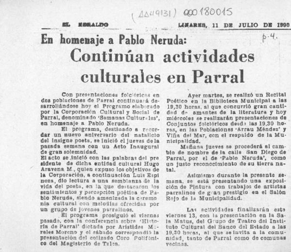 Continúan actividades culturales en Parral  [artículo].