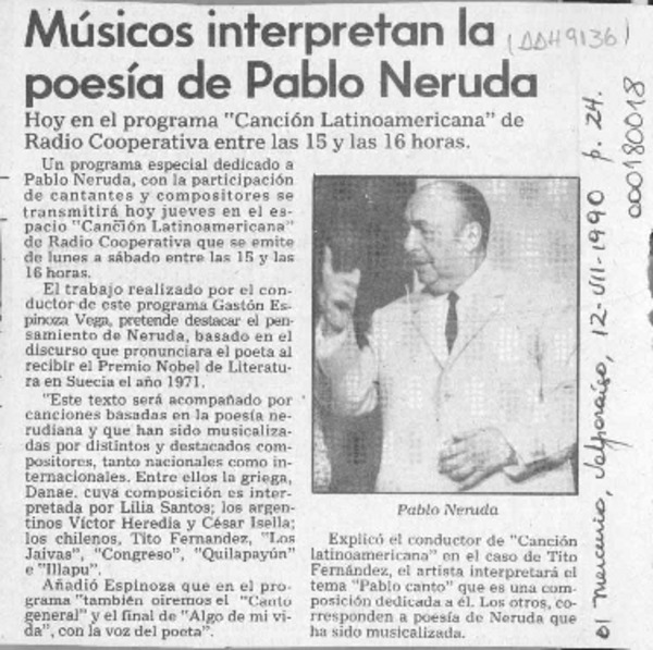 Músicos interpretan la poesía de Pablo Neruda  [artículo].