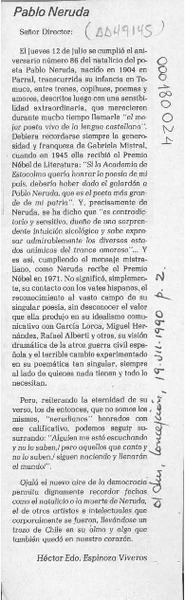 Pablo Neruda  [artículo] Héctor Edo. Espinoza Viveros.