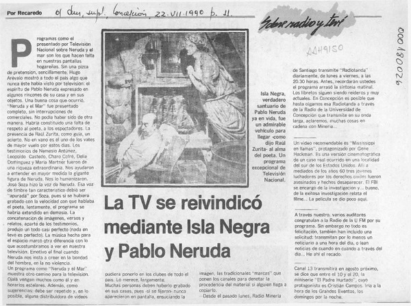 La TV se reivindicó mediante Isla Negra y Pablo Neruda  [artículo] Recaredo.