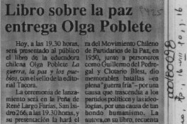 Libro sobre la paz entrega Olga Poblete  [artículo].