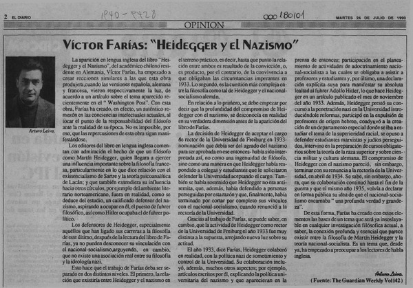 Víctor Farías, "Heidegger y el nazismo"  [artículo] Arturo Leiva.