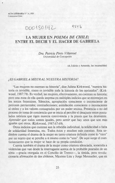 La mujer en Poema de Chile, entre el decir y el hacer de Gabriela  [artículo] Patricia Pinto Villarroel.
