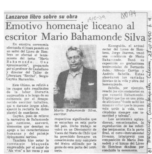 Emotivo homenaje liceano al escritor Mario Bahamonde Silva  [artículo].