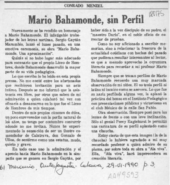 Mario Bahamonde, sin perfil  [artículo] Conrado Menzel.