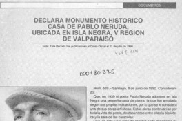 Declara monumento histórico casa de Pablo Neruda, ubicada en Isla Negra, V Región de Valparaíso  [artículo].