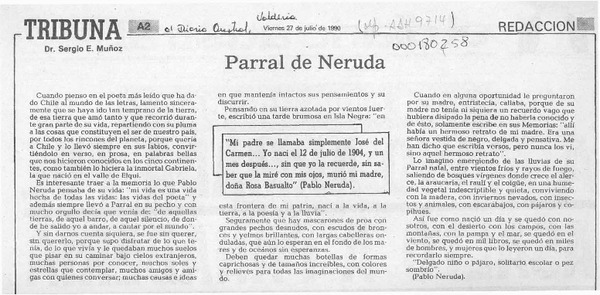 Parral de Neruda  [artículo] Sergio E. Muñoz.