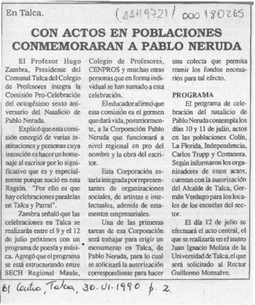 Con actos en poblaciones conmemorarán a Pablo Neruda  [artículo].