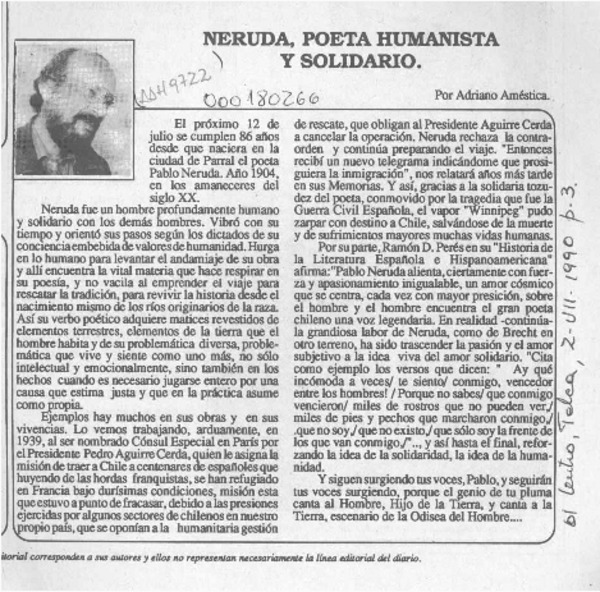 Neruda, poeta humanista y solidario  [artículo] Adriano Améstica.