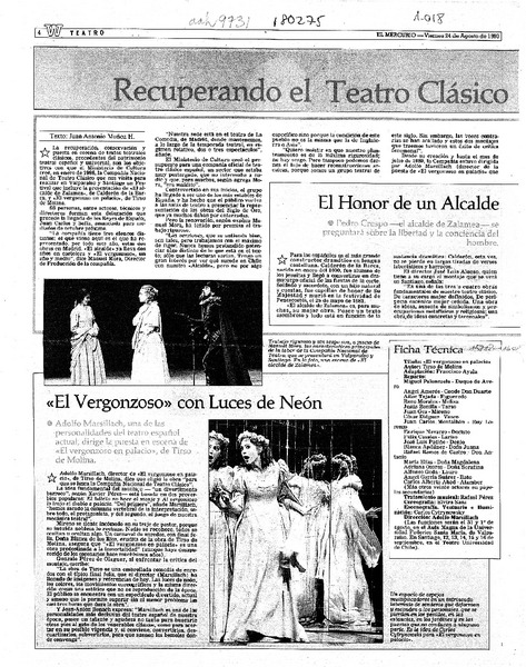 Recuperando el teatro clásico español  [artículo] Juan Antonio Muñoz H.