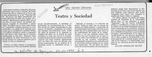 Teatro y sociedad  [artículo] Juliæ'n González Reyes.