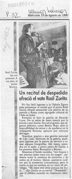 Un Recital de despedida ofreció el vate Raúl Zurita  [artículo].