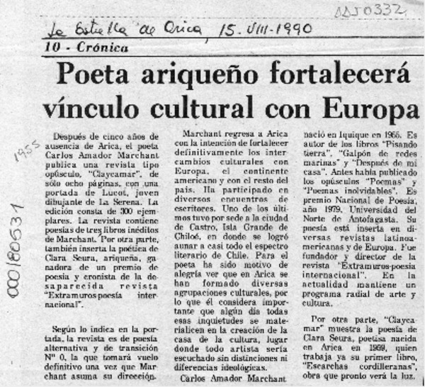 Poeta ariqueño fortalecerá vínculo cultural con Europa  [artículo].